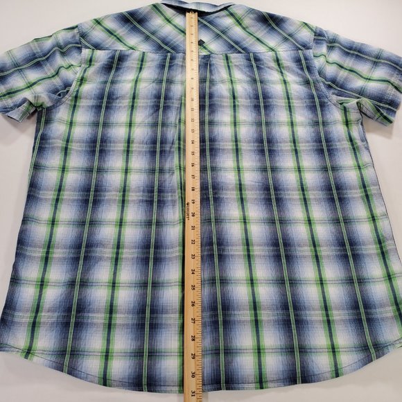 Prana Shirt Men XL Blue Green Madras Plaid Silver Snap Casual Button Up Western - Picture 14 of 15